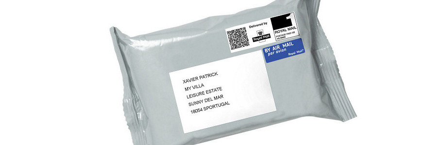 Mail forwarding postal bag showing international address